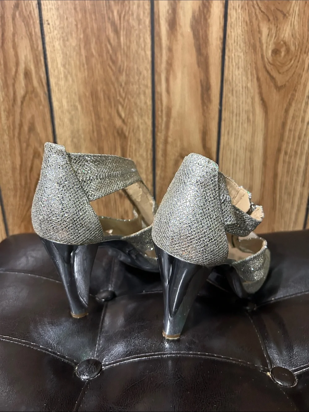 Michael Kors Glitter Gold Strappy High Heel Sandals with Front Zip